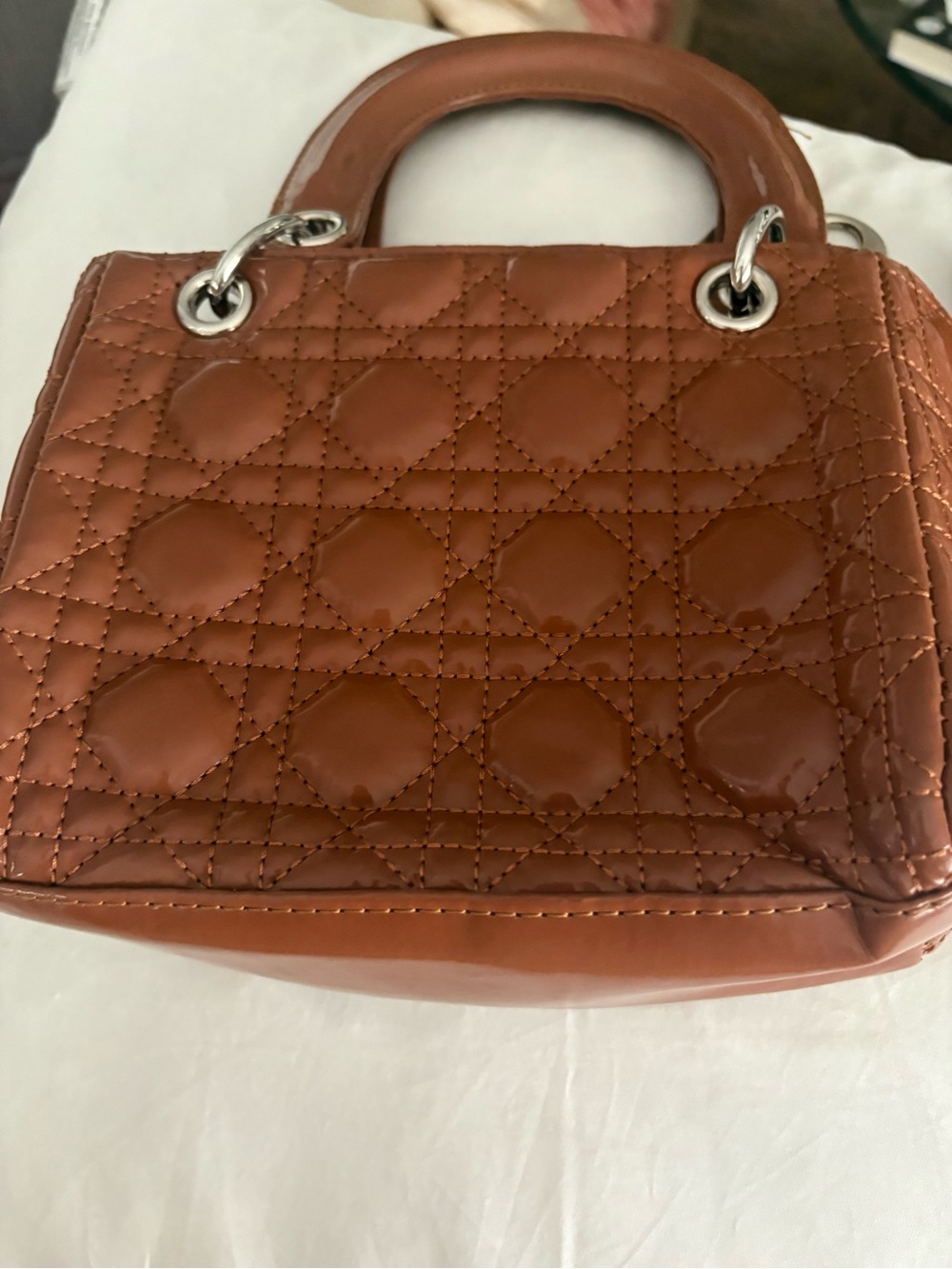 Brown Quilted faux patent Leather Mini Tote - Picture 2 of 7